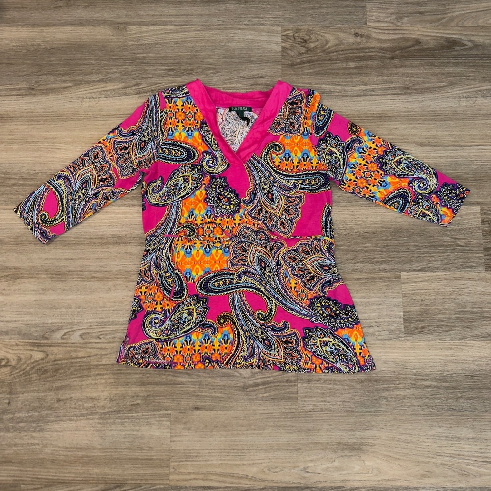 Lauren Ralph Lauren‎ Paisley Floral Tunic Blouse Pink Orange Women Large Boho